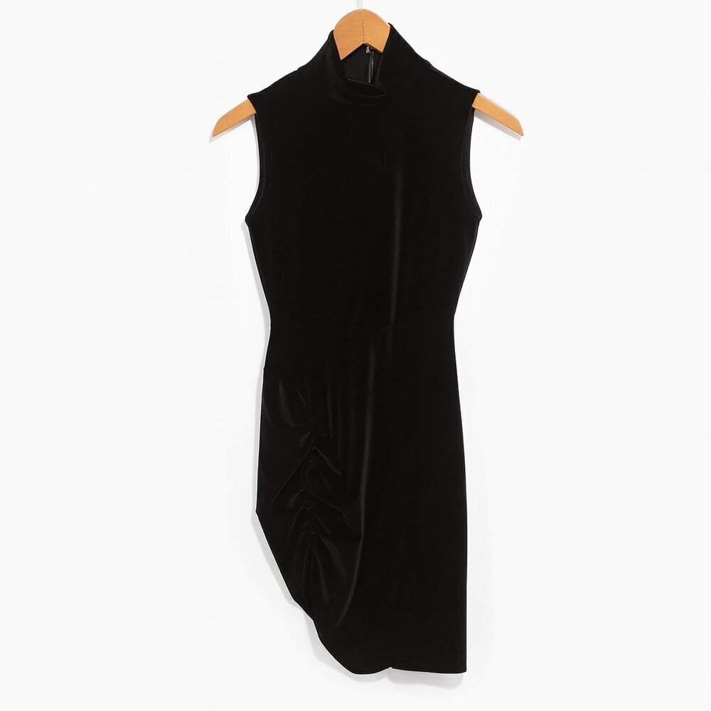The Drop Black Velvet Mock Neck Ruched Asymmetrical Mini Dress XS - Picture 2 of 9